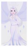  1girl artist_name blue_eyes commentary_request crystal dress elsa_(frozen) english_text frozen_(disney) highres long_dress pink_lips signature smile solo tarolotta white_dress white_hair 