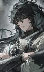  1boy absurdres arm_armor black_hair cloak closed_mouth commentary cropped crossed_arms full_moon grey_eyes hair_between_eyes half-closed_eyes highres long_hair looking_at_viewer male_focus moon qiuyuan_(wuthering_waves) rain solo upper_body white_cloak wind wuthering_waves zani_journey 