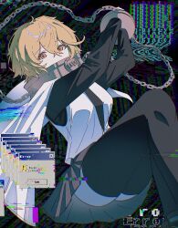  1girl abstract_background absurdres black_necktie black_shirt black_thighhighs blonde_hair bound bound_wrists breasts cape chain chromatic_aberration collar commentary_request covered_mouth cuffs cuffs-to-collar don_quixote_(project_moon) english_text error_message film_grain glitch glitch_art hair_between_eyes heavy_chromatic_aberration highres index_(identity)_(project_moon) limbus_company long_sleeves looking_at_viewer metal_collar miniskirt necktie patipatipati_pa pleated_skirt project_moon shackles shirt short_hair skirt solo thigh-highs vest white_vest window_(computing) yellow_eyes zettai_ryouiki 