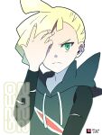  1boy ahoge black_hoodie blonde_hair ear_piercing gladion_(pokemon) green_eyes hair_over_one_eye highres hood hoodie looking_at_viewer male_focus piercing pokemon pokemon_(game) pokemon_sm simple_background solo torn_clothes upper_body watermark white_background yadoki 