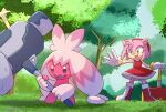  amy_rose gloves grass green_eyes hammer highres holding holding_hammer holding_weapon lunaerim no_humans open_mouth outdoors piko_piko_hammer pokemon sonic_(series) tinkaton trait_connection tree war_hammer weapon white_gloves 