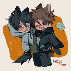  2boys ;d afraid_of_monsters animal_ears bag black_eyes black_gloves black_hair black_hoodie brown_hair carrying character_name clenched_teeth creator_connection crossover cry_of_fear david_leatherhoff fingerless_gloves full_body gloves grey_hoodie half-closed_eye highres hood hood_down hood_up hoodie kemonomimi_mode looking_at_viewer male_focus multiple_boys one_eye_closed princess_carry scar scar_on_face short_hair shoulder_bag simon_henriksson smile striped_clothes striped_hoodie sweatdrop tail teeth wolf_ears wolf_tail xinlv327 