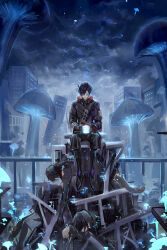  1boy absurdres android black_boots black_hair black_jacket black_pants black_shirt boots building capri_pants chinese_commentary clarence_clayden clarence_clayden_(awakening) closed_eyes closed_mouth clouds commentary_request corpse cube facing_viewer full_body giant_mushroom hair_over_one_eye highres holding holding_cube jacket light_particles long_sleeves lovebrush_chronicles male_focus mole mole_under_eye molin mushroom one_eye_covered outdoors overcast overgrown pants pile_of_corpses railing scouter shirt short_hair sitting sky skyscraper solo straight-on 