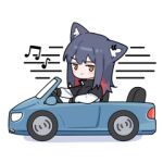  1girl :3 ahoge animal_ears arknights beamed_eighth_notes black_gloves black_hair blush_stickers brown_eyes car chibi driving ear_piercing fingerless_gloves gloves huang_qing_ye id_card jacket lowres motor_vehicle musical_note piercing redhead simple_background solo texas_(arknights) white_background white_jacket wolf_ears wolf_girl 