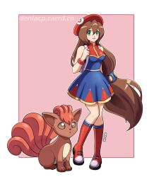  1girl :d :o adapted_costume artist_name backpack bag bare_shoulders beret blue_dress blue_trim boots bracelet breasts brown_eyes brown_fur brown_hair crossover deniacp dress fox gold_trim green_eyes hair_between_eyes hat highres humanization iris_(mega_man) jewelry large_breasts long_hair looking_at_viewer low-tied_long_hair mega_man_(series) mega_man_x4 mega_man_x_(series) mega_man_x_dive multiple_tails open_mouth orange_fur outside_border pigeon-toed pokemon pokemon_(creature) pokemon_rgby purple_bag red_background red_boots red_dress red_fur red_hat shiny_skin short_dress sleeveless sleeveless_dress smile standing standing_on_one_leg tail two-tone_background two-tone_dress very_long_hair vulpix white_background white_fur 