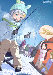 +_+ 6+girls absurdres alternate_costume animal_ear_headwear animal_ears beanie black_gloves black_shoes blue_eyes blue_hat blue_jacket bow brown_hair brown_mittens brown_pants camping_chair chair closed_eyes commentary_request day drooling dutch_angle ear_bow el_condor_pasa_(umamusume) fish fishing_rod flower folding_chair full_body gasatsuneo gloves goggles golden_generation_(umamusume) grass_wonder_(umamusume) green_hat green_jacket grey_hair hair_flower hair_ornament hat highres holding holding_fishing_rod hood hood_down hooded_jacket horse_ears horse_girl horse_tail ice_fishing jacket jumping king_halo_(umamusume) kneeling long_hair long_sleeves mittens multicolored_hair multiple_girls notice_lines ok_sign open_mouth outdoors pants pink_hat pink_jacket pink_pants pink_scarf pom_pom_(clothes) pom_pom_beanie purple_bow purple_jacket red_hat red_jacket saliva scarf seiun_sky_(umamusume) shoes short_hair sitting ski_goggles smile snow special_week_(umamusume) spoken_food steepled_fingers streaked_hair sweatdrop tail tent tsurumaru_tsuyoshi_(umamusume) twitter_username umamusume very_long_hair white_hair yellow_flower 