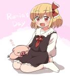  1girl animal black_skirt black_vest blonde_hair blush collared_shirt hair_between_eyes hair_ribbon long_sleeves open_mouth pig red_eyes red_ribbon ribbon rokugou_daisuke rumia shirt short_hair signature sitting skirt smile socks solo touhou vest white_shirt white_socks 