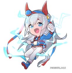  1girl :d animal_ears belt big_head blue_boots blue_eyes blue_hairband blue_jacket boots chibi chibi_only clenched_hands commentary_request dynamic_pose ear_covers fang full_body grey_hair hairband hand_up headband highres horse_ears horse_girl horse_tail jacket kadokura_(sushiu_max) lace-up_boots lapels light_trail lightning lightning_bolt_symbol long_hair looking_at_viewer multicolored_hairband open_clothes open_jacket pants pants_rolled_up red_hairband red_headband red_trim simple_background smile solo striped_clothes striped_hairband tail tamamo_cross_(umamusume) tamamo_cross_(with_lightning_speed)_(umamusume) twitter_username two-tone_hairband umamusume v-shaped_eyebrows very_long_hair white_background white_pants 