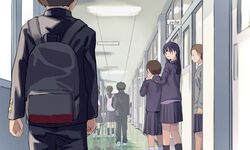  2boys 5girls absurdres arms_at_sides backpack bag black_hair black_socks boku_no_kokoro_no_yabai_yatsu brown_hair hallway highres holding_hands ichikawa_kyoutarou indoors kobayashi_chihiro_(bokuyaba) long_sleeves multiple_boys multiple_girls reflection school socks white_socks yamada_anna yoshida_serina zumisan3 