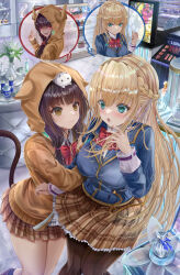  2girls :o animal_ears animal_hood animal_on_head arm_hug asakura_karen_(heaven_burns_red) black_hair blonde_hair blue_jacket blunt_bangs blush bow braid breasts brown_pantyhose brown_skirt cat cat_ears cat_hood cat_on_head cat_tail closed_mouth commentary_request cowboy_shot dual_persona eyelashes eyes_visible_through_hair fake_animal_ears fake_tail frilled_skirt frills glowing glowing_eyes grabbing_another's_arm green_eyes hair_between_eyes hair_ribbon half_up_braid heaven_burns_red highres hood hood_up hooded_jacket indoors jacket kuroe_maruru large_breasts long_hair long_sleeves looking_at_another low_twintails miniskirt multiple_girls on_head open_mouth pantyhose plaid_clothes plaid_skirt pleated_skirt red_bow red_eyes ribbon sidelocks skirt smile speech_bubble spoken_character straight_hair striped_clothes striped_pantyhose tail thighs toujou_tsukasa twintails vertical-striped_clothes vertical-striped_pantyhose very_long_hair white_ribbon yellow_eyes yuri 