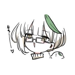  1girl artist_self-insert brown_eyes glasses grey-framed_eyewear highres kawamochi_(kawauti919) looking_at_viewer original parted_lips short_hair simple_background smile sweater translation_request turtleneck turtleneck_sweater white_background white_hair white_sweater 