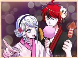  cotton_candy couple food happy happy_new_year hetero holding holding_cotton_candy holding_food japanese_clothes kimono kirifuji_nozomi kris_pawz new_year red_hair sumino_takumi the_hundred_line_-last_defense_academy- violet_eyes yukata 