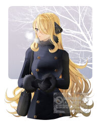  1girl bag black_coat black_gloves blonde_hair breasts breath buttons coat cynthia_(pokemon) fur_collar fur_trim gloves grey_eyes hair_ornament hair_over_one_eye long_hair long_sleeves pokemon pokemon_dppt sakaralalala shoulder_bag solo very_long_hair winter_clothes winter_coat 