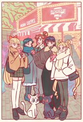  5girls 5others :3 :q aino_minako artemis_(sailor_moon) awning backpack bag bishoujo_senshi_sailor_moon black_bag black_cat black_eyes black_hair black_leggings black_pants black_shoes blonde_hair blue_bag blue_eyes blue_hair blue_hat blue_jacket blue_leggings blue_scarf blue_shirt blue_shoes blue_shorts blunt_bangs border bow brown_border brown_hair brown_jacket cat closed_mouth commentary crepe crescent_ornament crowd curtained_hair dot_mouth double_bun drawstring eating english_text food food_on_face food_stand footwear_bow fur-trimmed_jacket fur_trim glasses green_jacket green_shirt green_skirt grey_pants hair_bow hair_bun hand_in_pocket hand_on_own_hip hat high_heels high_ponytail highres hino_rei holding holding_crepe holding_food jacket kino_makoto leggings long_hair long_sleeves luna_(sailor_moon) mizuno_ami multiple_girls multiple_others open_mouth outdoors pants pantyhose pink_bow pink_hat plaid_clothes plaid_skirt ponytail puffy_long_sleeves puffy_sleeves purple_bag purple_hair red_bow red_eyes scarf shirt shoes shorts shoulder_bag sitting skirt sleeves_past_wrists smile split_mouth standing swept_bangs takeuchi_ryousuke thigh-highs tongue tongue_out tree tsukino_usagi very_long_hair white_background white_cat white_jacket white_scarf white_shirt white_thighhighs wide_sleeves zettai_ryouiki zipper 