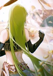  1boy 1other absurdres androgynous arabian_clothes bare_shoulders black_gloves blurry chinese_commentary commentary_request depth_of_field earrings elbow_gloves enkidu_(fate) enkidu_(talk_of_the_hot_sands)_(fate) fate/grand_order fate_(series) from_behind gilgamesh_(fate) gilgamesh_(talk_of_the_hot_sands)_(fate) gloves green_hair highres jewelry long_hair midriff sili5291 sitting 