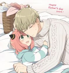  1boy 1girl 2024 :d ahoge anya_(spy_x_family) aran_sweater blonde_hair cable_knit child closed_eyes closed_mouth commentary_request elbow_rest father's_day father_and_daughter green_eyes grey_sweater hairpods hood hood_down hoodie laundry_basket long_sleeves lying medium_hair mello79 on_back on_side open_mouth pink_hair short_hair smile spy_x_family striped_clothes striped_hoodie sweatdrop sweater twilight_(spy_x_family) unworn_clothes variant_set very_short_hair wooden_floor 