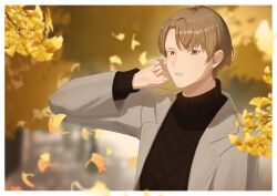  1boy absurdres autumn_leaves border branch brown_eyes brown_hair commentary_request ginkgo_leaf highres kagami_hayato leaf long_sleeves looking_at_viewer magurosamm male_focus nijisanji short_hair solo turtleneck upper_body virtual_youtuber white_border 