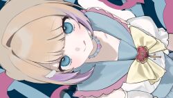  1girl blonde_hair blue_background blue_choker blue_eyes brooch choker chouzetsusaikawa_tenshi-chan chouzetsusaikawa_tenshi-chan_(magical_girl) commentary heart heart_brooch highres jewelry kishouchin licking_lips needy_girl_overdose sideways solo spiked_choker spikes tongue tongue_out unfinished 