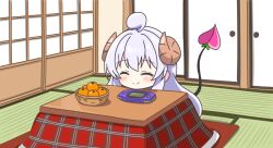  1girl ^_^ ahoge blush bowl brown_horns closed_eyes closed_mouth commentary_request curled_horns demon_girl demon_tail food fruit game_boy_advance handheld_game_console horns indoors kotatsu kotatsu-mazoku lilith_(homunculus)_(machikado_mazoku) lilith_(machikado_mazoku) long_hair machikado_mazoku mandarin_orange purple_hair sidelocks smile solo table tail 