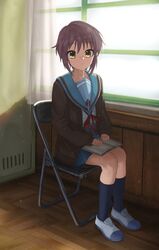  1girl book brown_cardigan cardigan full_body highres indoors kita_high_school_uniform kneehighs locker looking_at_viewer mandei_(nao_1234567) nagato_yuki neck_ribbon on_chair open_cardigan open_clothes purple_hair red_ribbon ribbon school_uniform shoes short_hair sitting socks solo sunlight suzumiya_haruhi_no_yuuutsu uwabaki winter_uniform wooden_floor yellow_eyes 