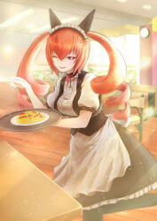  1girl akiha_rumiho animal_ear_hairband animal_ears belt_around_waist belt_buckle buckle cat_ears commentary_request drill_hair fake_animal_ears food frills hairband highres holding holding_tray long_hair maid maid_headdress mayqueen_maid_uniform mayqueen_nyan_nyan omelet omurice one_eye_closed oretekiya pink_eyes pink_hair puffy_short_sleeves puffy_sleeves science_adventure short_sleeves smile solo steins;gate tray tsurime twin_drills twintails white_wrist_cuffs wrist_cuffs 