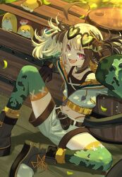  1girl ahoge barrel belt box brown_gloves brown_hair commentary english_commentary fang felyne gigi_murin gigi_murin_(chatacabra) gloves green_thighhighs grem_(gigi_murin) heart heart-shaped_eyewear highres hololive hololive_english in_box in_container kyouraku midriff navel pink_eyes shorts sitting thigh-highs twintails virtual_youtuber white_shorts wooden_box 