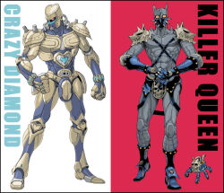  2boys abs armor armored_skirt black_boots boots character_name clenched_hands collarbone colored_skin commentary crazy_diamond cyborg exhaust_pipe extra_legs full_body gauntlets grey_skin heart helmet jojo_no_kimyou_na_bouken killer_queen knee_armor looking_at_viewer mahito_(tranjistor) mask mouth_mask multiple_boys muscular muscular_male no_humans no_pupils pink_background pink_eyes redesign rivets sheer_heart_attack shoulder_armor skull skull_belt slit_pupils spikes stand_(jojo) standing tube wheel white_background 