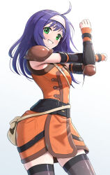  1girl absurdres ahoge armor bag belt black_thighhighs blue_hair blush breasts commentary_request detached_sleeves dress fire_emblem fire_emblem:_path_of_radiance gonzarez green_eyes grin hairband headband highres long_hair looking_at_viewer mia_(fire_emblem) open_mouth orange_dress orange_tunic purple_hair shoulder_armor small_breasts smile solo stretching thigh-highs tunic white_hairband white_headband 