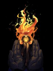  1girl 1other alyssa_(project_moon) ardor_blossom_star_(e.g.o) black_background black_jacket black_pants brown_shoes collared_shirt commentary cupping_hands e.g.o_(project_moon) embers fiery_clothing fiery_hair fire fire_hair_ornament floating_hair full_body highres holding holding_mini_person in_palm jacket konb_uwaaaaa limbus_company long_hair long_sleeves looking_at_viewer mini_person minigirl necktie open_clothes open_jacket orange_vest own_hands_together pants pov pov_hands project_moon red_hair red_necktie shirt shoes simple_background solo_focus suit twintails very_long_hair vest 