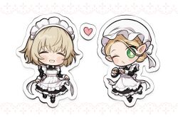  2girls ^_^ abstract_background apron apron_lift black_dress black_shirt black_shoes blonde_hair blush braid bright_pupils chibi chibi_only closed_eyes clothes_lift collared_shirt dress dungeon_meshi elf falin_touden falin_touden_(tallman) frilled_dress frills green_eyes grin hat heart heart_hands maid maid_apron maid_headdress marcille_donato mayo_(mayo88meshi) multiple_girls one_eye_closed outline pointy_ears puckered_lips shirt shoes smile sticker teeth white_hat white_outline white_pupils 