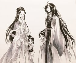  1girl 3boys aged_down ahoge bindi black_hair child chinese_clothes closed_eyes closed_mouth coat dress facial_mark forehead_mark hair_bun hair_down hair_ornament hair_ribbon half_updo hand_on_another's_head hand_on_own_chin hanfu jiang_yanli jin_ling lan_sizhui lan_sizhui_(young) long_hair long_sleeves looking_at_another modao_zushi monochrome mother_and_son mugiwara0077 multiple_boys official_alternate_costume official_alternate_hairstyle open_clothes open_coat ribbon robe sash shawl sidelocks simple_background smile standing tassel traditional_media very_long_hair wei_wuxian wei_wuxian_(yiling_laozu) wide_sleeves yaopei 