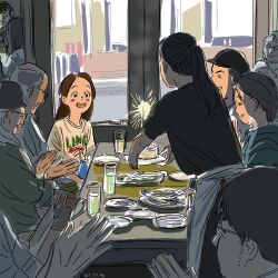  5girls 6+boys apron bag birthday birthday_cake birthday_party black_hair black_hat black_shirt brown_hair cake cake_slice commentary cup dated dmohashi drinking_glass fireworks food glasses hat indoors long_hair multiple_boys multiple_girls open_mouth original parted_hair plate ponytail print_shirt restaurant shirt short_hair sparkler symbol-only_commentary table waitress 