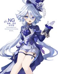  1girl ahoge ascot blue_ascot blue_eyes blue_gem blue_hair blue_hat blue_jacket blue_pupils commentary drop-shaped_pupils feet_out_of_frame furina_(genshin_impact) gem genshin_impact gloves hair_between_eyes hair_intakes hand_up hat heterochromia highres jacket long_hair long_sleeves looking_at_viewer mismatched_pupils multicolored_hair open_mouth short_shorts shorts simple_background smile solo symbol-shaped_pupils thigh_strap top_hat twitter_username unouto vest watermark white_background white_gloves white_hair white_shorts white_vest 