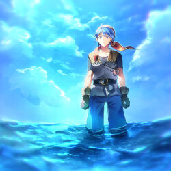  1boy amulet bandana belt black_belt black_shirt blue_eyes blue_hair blue_shorts blue_sky brown_gloves chrono_cross clouds cloudy_sky commentary_request gloves grey_vest hair_between_eyes lowres male_focus ocean red_bandana serge_(chrono_cross) shirt short_hair short_sleeves shorts sky soaking_feet solo sunakumo vest 