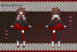  1girl ahoge alternate_costume asymmetrical_dress back_ribbon black_arm_warmers black_background black_dress black_pantyhose black_scrunchie boots border broken_heart brown_hair buttons cardiogram cardiogram_print commentary cross-laced_clothes cross-laced_dress dress evil_neuro-sama frilled_arm_warmers frilled_dress frills full_body hair_intakes hair_ornament hair_ribbon hashtag heart highres layered_dress long_hair multiple_views neck_ribbon pantyhose plaid_background pleated_dress power_symbol red_border red_dress red_eyes red_ribbon red_socks reference_sheet ribbon scrunchie see-through_clothes see-through_sleeves single_leg_pantyhose single_thighhigh skull_hair_ornament socks ssbaby standing symbol-only_commentary thigh-highs turnaround twitter_username two-tone_dress two_side_up vedal_ai virtual_youtuber white_boots x_hair_ornament 