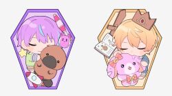  2boys aged_down blue_hair book bow cardboard_sword chibi child closed_eyes closed_mouth commentary_request crown grey_background hase_(hase_lt) kamishiro_rui long_sleeves male_focus multicolored_hair multiple_boys open_book orange_hair platypus project_sekai purple_hair rocket short_hair shorts simple_background sleeping star_(symbol) streaked_hair stuffed_animal stuffed_platypus stuffed_rabbit stuffed_toy sword tenma_tsukasa two-tone_hair weapon 