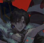  1other 2boys androgynous black_hair blonde_hair card chain chrollo_lucilfer coat cross_tattoo earrings facial_mark facial_tattoo forehead_mark forehead_tattoo fur-trimmed_coat fur_trim glowing glowing_earrings head_out_of_frame heart highres hisoka_morow holding holding_card hunter_x_hunter jewelry kurapika long_sleeves looking_at_viewer male_focus multiple_boys other_focus ra_yu red_background short_hair simple_background sleeveless smile spade_(shape) tabard tattoo 