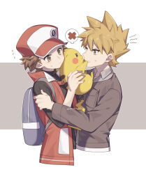  2boys 88_(einnimnech) backpack bag black_shirt blue_oak brown_eyes brown_hair closed_mouth collared_shirt commentary_request flying_sweatdrops grey_bag grey_shirt hand_on_another's_arm hat highres holding holding_pokemon jacket long_sleeves male_focus multiple_boys official_alternate_costume open_clothes open_vest pikachu pokemon pokemon_(creature) pokemon_hgss pokemon_masters_ex red_(pokemon) red_(sygna_suit)_(pokemon) red_hat red_vest shirt short_hair spiky_hair spoken_x sweatdrop vest 