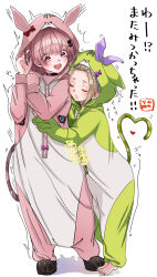  2girls alternate_costume animal_costume animal_ear_hood animal_ears barefoot black_choker blonde_hair blush bow cat_costume cat_ears cat_tail choker closed_mouth commentary_request cosplay downturned_eyes fake_animal_ears fake_tail forehead full_body goslingwallows hair_slicked_back hands_up heart heart_tail heaven_burns_red height_difference highres hood hood_up hug kigurumi looking_at_another motion_lines multiple_girls ooshima_minori ooshima_yotsuha open_mouth pink_hair purple_bow red_bow red_eyes short_hair siblings simple_background sisters sleeves_past_wrists sound_effects standing surprised tail teeth translation_request upper_teeth_only white_background 