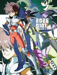  1boy 1girl armor armored_boots ass back-to-back black_gloves blue_eyes bodysuit boots brown_eyes brown_hair closed_mouth dated fingerless_gloves gloves green_hair green_pantyhose hair_between_eyes high_heels knee_pads leg_warmers long_hair looking_at_viewer metal_gloves multiple_boys ophiuchus_shaina pantyhose pegasus_seiya purple_leg_warmers red_bodysuit saint_seiya sasaki_tomomi sash short_hair shoulder_armor skin_tight sleeveless sleeveless_bodysuit smile spiky_hair twitter_username zoom_layer 