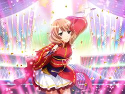  1girl blonde_hair brown_eyes closed_mouth confetti dual_wielding game_cg hair_ornament holding holding_kunai holding_weapon japanese_clothes kimono kunai long_sleeves looking_at_viewer obi official_art outstretched_arm pleated_skirt red_kimono reverse_grip sash shoujo_kageki_revue_starlight shoujo_kageki_revue_starlight_-re_live- skirt skirt_under_kimono smile solo stage_lights standing tanaka_yuyuko upper_body weapon white_skirt wide_sleeves 