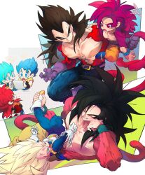 black_hair blue_eyes blue_sash closed_mouth dougi dragon_ball dragon_ball_daima dragon_ball_gt dragon_ball_super earrings gloves gogeta highres jewelry long_hair male_focus metamoran_vest monkey_boy monkey_tail multiple_boys muscular muscular_male ommmyoh open_mouth pants potara_earrings red_fur saiyan sash smile son_goku spiky_hair super_saiyan super_saiyan_4 super_saiyan_blue tail twitter_username vegeta yellow_pants 