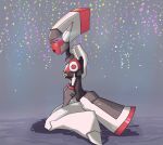  1girl black_background blue_eyes boots breasts grey_background mecha nurse pointy_ears red_alert_(transformers) red_lips robot seiza sitting small_breasts solo transformers transformers_animated white_footwear wraitany 