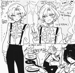  2boys 2girls absurdres ascot black_choker black_hair champagne_flute choker closed_mouth commentary_request cup drinking_glass foxpoopsmell greyscale heathcliff_(project_moon) highres korean_commentary korean_text limbus_company monochrome multiple_boys multiple_girls official_alternate_costume project_moon rodion_(project_moon) ryoshu_(project_moon) shirt short_hair sinclair_(project_moon) suspenders sweat white_ascot white_shirt yellow-framed_eyewear 