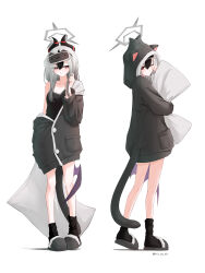  1girl absurdres animal_hood black_hair black_hoodie black_horns black_slippers black_socks blue_archive blush bright_pupils cat_hood cat_tail closed_mouth commentary full_body grey_halo halo highres hit_by_hit holding holding_pillow hood hood_up hoodie horns kayoko_(blue_archive) long_hair long_sleeves multicolored_hair multiple_views off_shoulder one_eye_closed pillow red_eyes simple_background slippers socks standing tail twitter_username two-tone_hair white_background white_hair white_pupils 