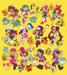  6+girls akari_(pokemon) aqua_hair black_hair blonde_hair blue_hair brown_hair bucket_hat bulbasaur charmander chespin chikorita chimchar cyndaquil fennekin froakie fuecoco gloria_(pokemon) grookey hat highres hikari_(pokemon) hilda_(pokemon) juliana_(pokemon) kris_(pokemon) leaf_(pokemon) litten lyra_(pokemon) mudkip multiple_girls oshawott piplup poke_ball pokemon pokemon_bw pokemon_bw2 pokemon_dppt pokemon_frlg pokemon_gsc pokemon_hgss pokemon_legends:_arceus pokemon_rse pokemon_sm pokemon_sv pokemon_swsh pokemon_xy popplio quaxly rosa_(pokemon) rowlet school_uniform scorbunny selene_(pokemon) serena_(pokemon) snivy sobble sprigatito squirtle tepig tonestarr torchic totodile treecko turtwig yellow_background 