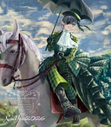  1boy ascot beret ciel_phantomhive eyepatch green_jacket green_pants hat highres holding holding_umbrella horse jacket kokurou_1523 kuroshitsuji looking_at_viewer pants plaid_clothes plaid_jacket solo umbrella watermark white_ascot 