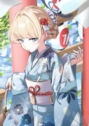  1girl alternate_costume blonde_hair blue_archive blue_eyes blue_halo blue_kimono blue_streaks breasts commentary_request floral_print floral_print_kimono flower furisode hair_bun hair_flower hair_ornament halo highres japanese_clothes kimono kumakono obi print_kimono sash small_breasts smile solo toki_(blue_archive) white_flower wide_sleeves 