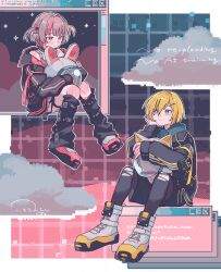  1boy 1girl animal_ear_helmet animal_ears animal_helmet black_collar black_jacket black_leg_warmers black_leggings black_shorts black_straps blonde_hair blunt_bangs blush boots cat_ears closed_mouth clouds collar colored_inner_hair crop_top earclip error_message fake_animal_ears full_body green_eyes grey_hair hair_intakes hair_ornament hair_over_one_eye hairclip head_rest helmet highres holding holding_unworn_helmet jacket knee_blush lace-up_boots leg_belt leg_warmers leggings light_smile looking_at_another makaino_ririmu makaino_ririmu_(6th_costume) miniskirt multicolored_hair multicolored_hair_bobbles nijisanji no_headwear okirarenai_zzz open_clothes open_jacket pink_hair pink_jacket pink_shoes pink_skirt pink_streaks plaid_clothes plaid_skirt pointy_ears rabbit_ears red_eyes shoelaces shoes short_hair shorts signature sitting skirt sleeves_past_wrists space_helmet star_(symbol) star_hair_ornament streaked_hair thigh_strap torn_clothes torn_leggings two-sided_fabric two-sided_jacket two-tone_hair two_side_up unworn_headwear unworn_helmet uzuki_kou uzuki_kou_(5th_costume) virtual_youtuber white_boots white_helmet window_(computing) wolf_cut 