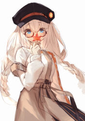  1girl a.i._voice absurdres autumn_leaves black_hat blue_eyes braid breasts brown-framed_eyewear brown_skirt commentary_request covered_mouth diieru glasses grey_hair hat highres holding holding_leaf kizuna_akari kizuna_akari_(a.i._voice) leaf long_hair looking_at_viewer low_twintails maple_leaf medium_breasts newsboy_cap semi-rimless_eyewear shirt simple_background sketch skirt solo suspender_skirt suspenders suspenders_slip twin_braids twintails under-rim_eyewear very_long_hair white_background white_shirt 